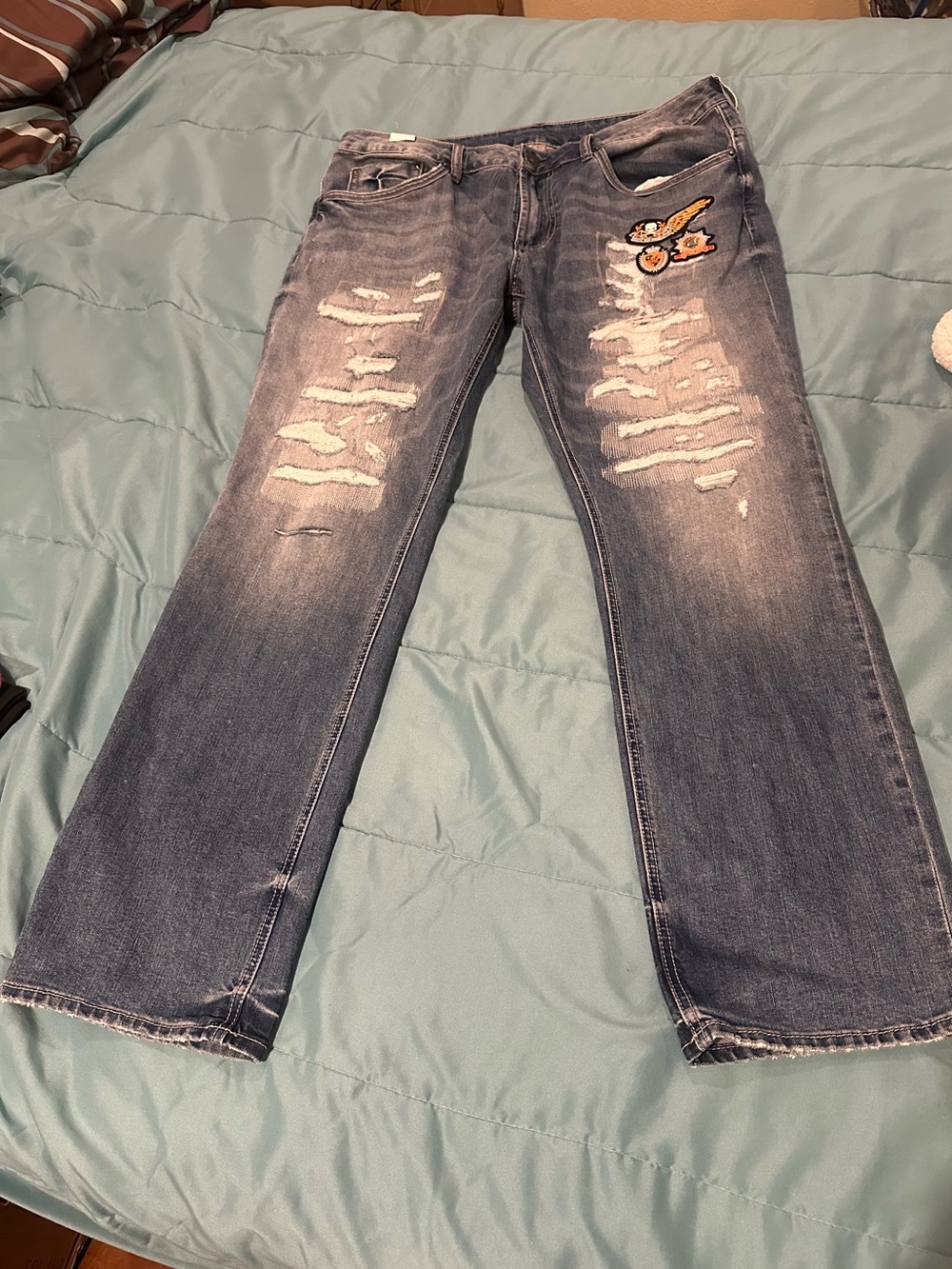 Buffalo David Bitton Distressed Blue Bootcut Jeans with Patchessize 38x32